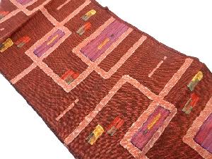 手織り真綿紬　幾何学模様織り出し名古屋帯